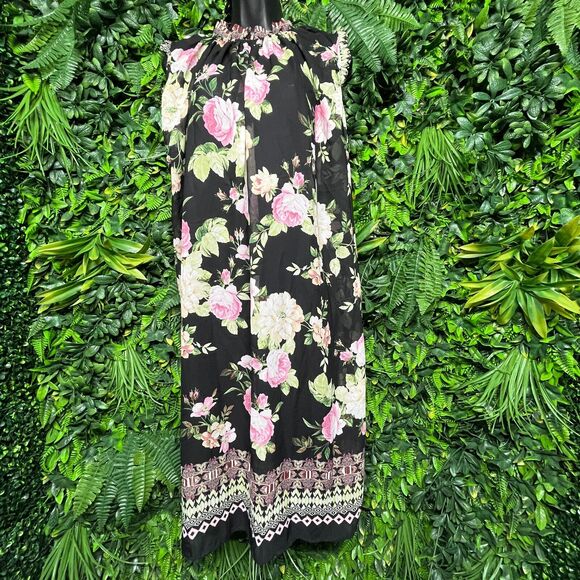 Women Dress Medium Black Floral Sleeveless Flared Ups & Downs 1228 - Picture 9 of 11